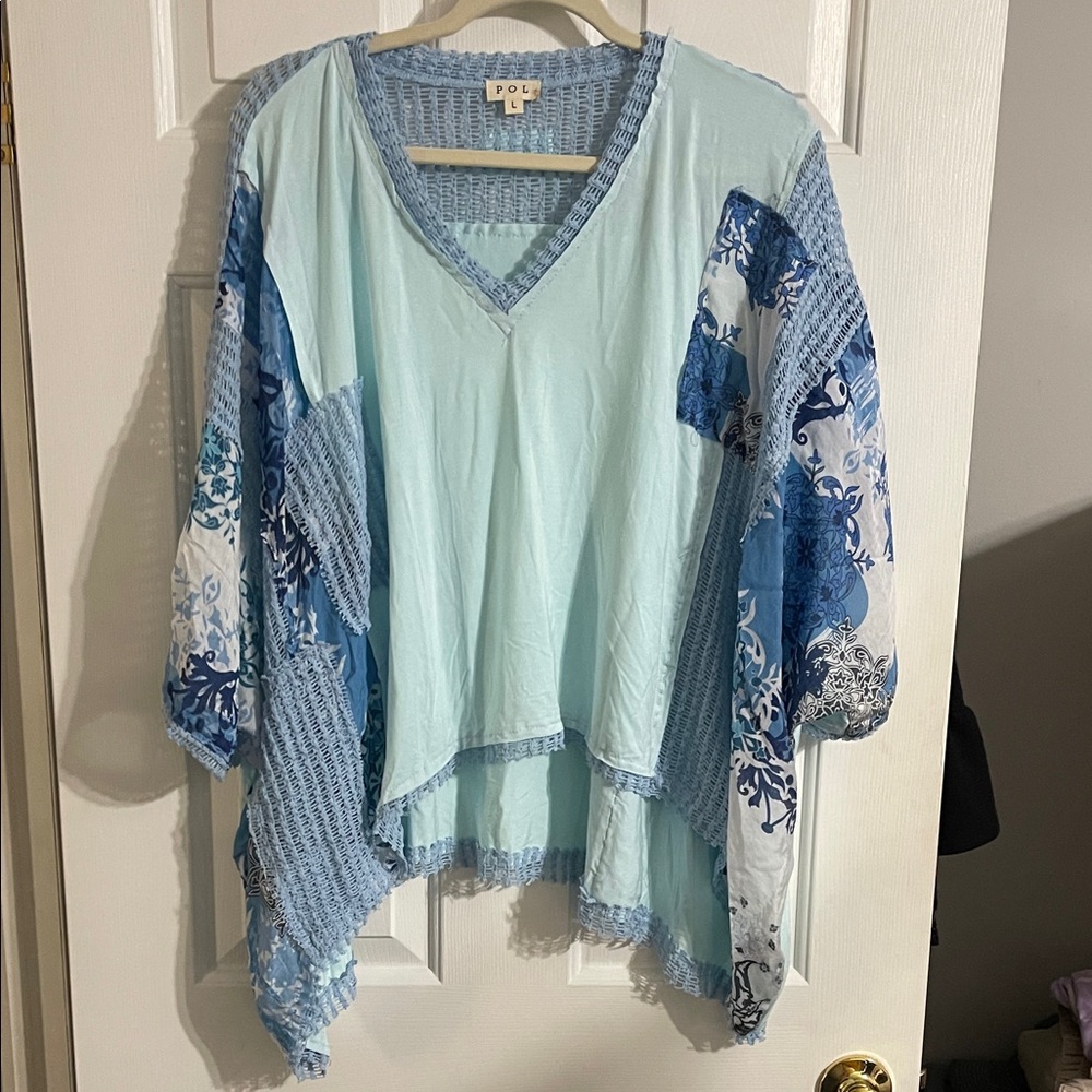 POL Light Aqua and Blue Patchwork Tunic Top